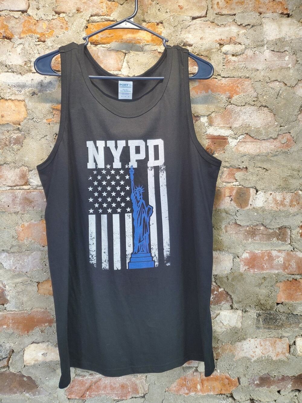 Port & Company Mens Tank Top M NYPD Statue of Liberty American Flag Graphic